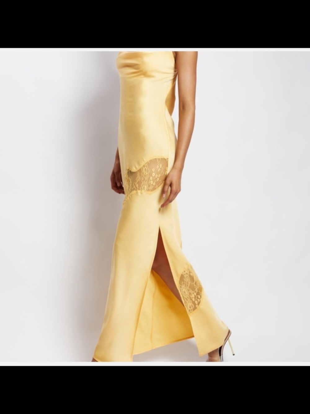 Meshki Yellow Satin Lace-Trim Maxi Dress